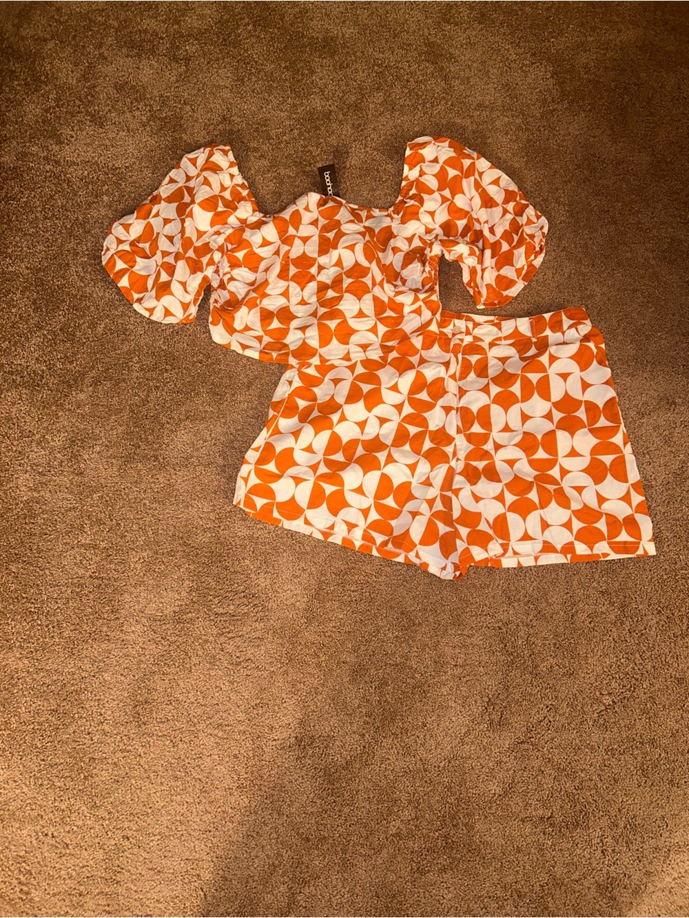 Boohoo Orange & White Geometric Print Shorts Set
